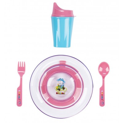 Набор детской посуды  (тарелка, поильник, ложка,вилка) (цвета в асс-те) Бусинка 122БУС (12)